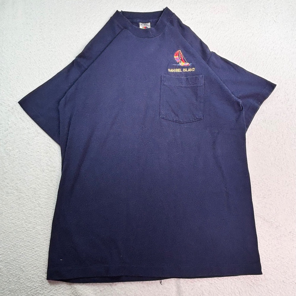 Vintage Sanibel‎ Island Pocket T Shirt Size L Fruit of the Loom Made USA Navy